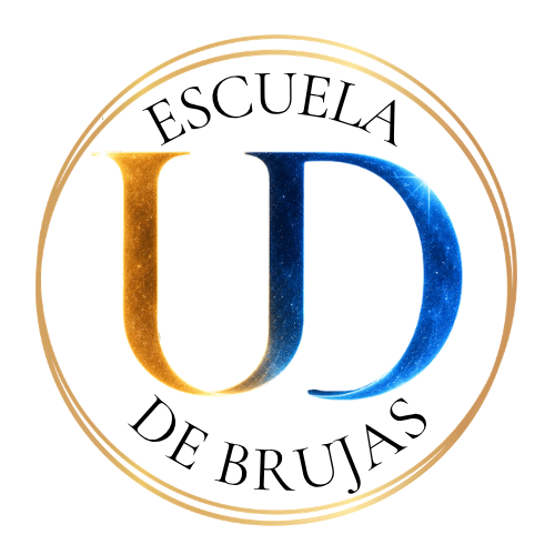 logo escuela de brujas ursula dulcinea dorado y azul metalizado